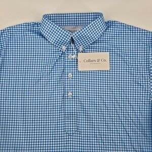 Collars & Co Dress Color Polo Shirt Men's Medium Blue White Gingham Short Sleeve